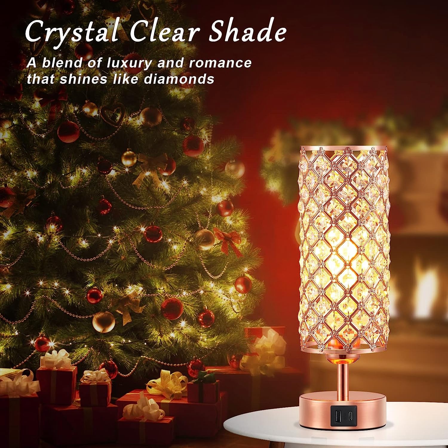 Crystal Table Lamp, Rose Gold Lamp with USB C+A Ports, 3 Way Dimmable Light with Crystal Lampshade, Bedside Lamp Small Touch Light for Living Room Bedroom Home, Charge Phone (Bulb Included)