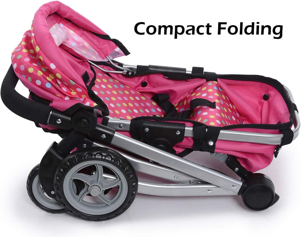 Foldable Pram for Baby Doll with Polka Dots Design with Swiveling Wheel Adjustable Handle