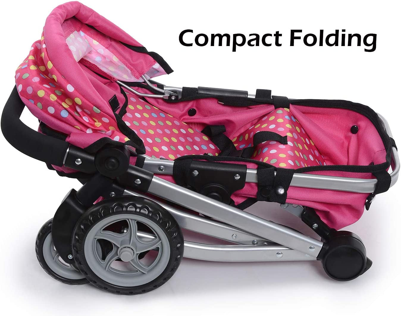 Foldable Pram for Baby Doll with Polka Dots Design with Swiveling Wheel Adjustable Handle