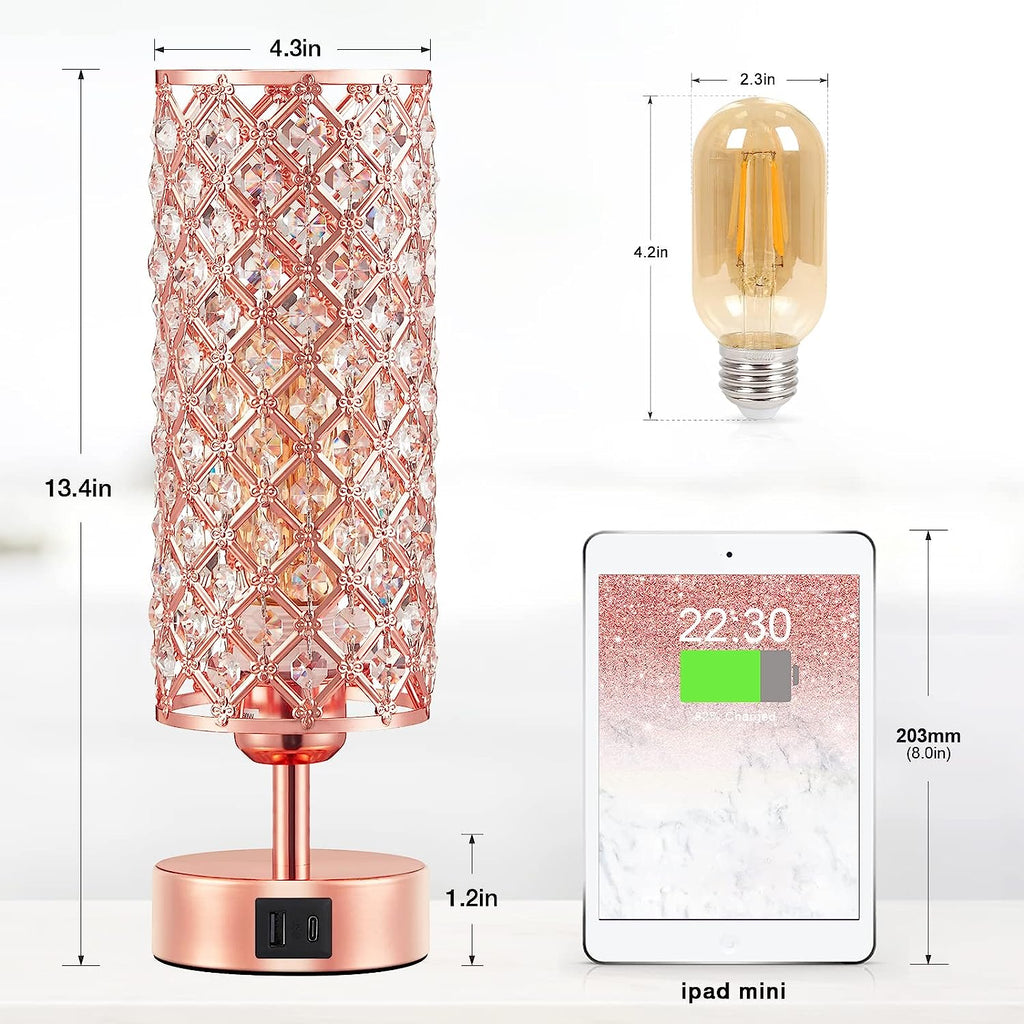 Crystal Table Lamp, Rose Gold Lamp with USB C+A Ports, 3 Way Dimmable Light with Crystal Lampshade, Bedside Lamp Small Touch Light for Living Room Bedroom Home, Charge Phone (Bulb Included)