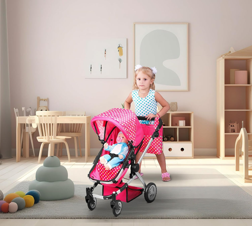 Foldable Pram for Baby Doll with Polka Dots Design with Swiveling Wheel Adjustable Handle