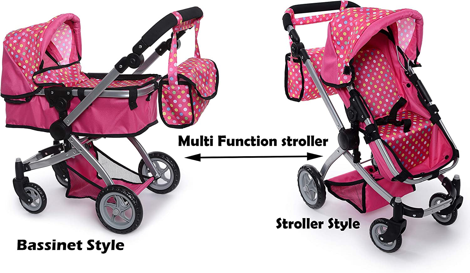 Foldable Pram for Baby Doll with Polka Dots Design with Swiveling Wheel Adjustable Handle