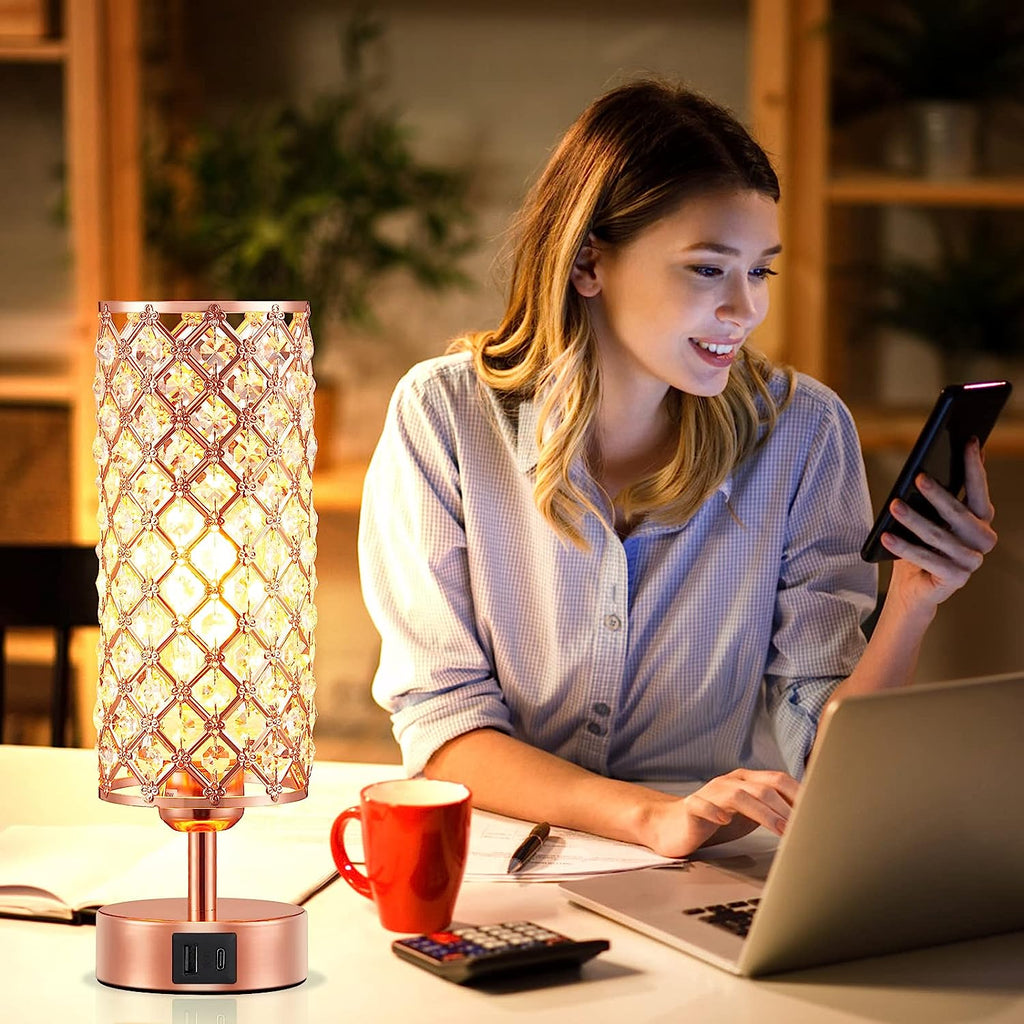 Crystal Table Lamp, Rose Gold Lamp with USB C+A Ports, 3 Way Dimmable Light with Crystal Lampshade, Bedside Lamp Small Touch Light for Living Room Bedroom Home, Charge Phone (Bulb Included)