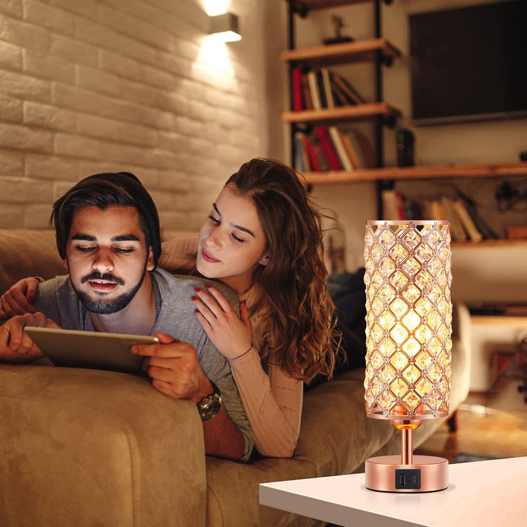 Crystal Table Lamp, Rose Gold Lamp with USB C+A Ports, 3 Way Dimmable Light with Crystal Lampshade, Bedside Lamp Small Touch Light for Living Room Bedroom Home, Charge Phone (Bulb Included)