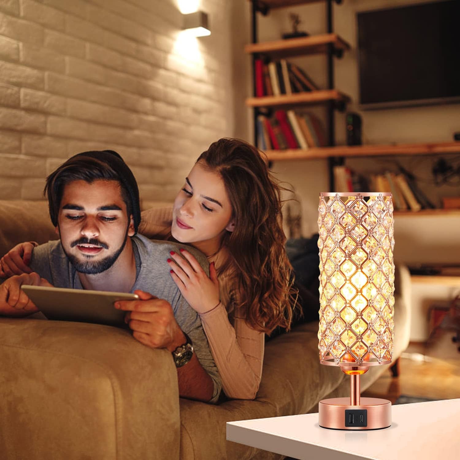 Crystal Table Lamp, Rose Gold Lamp with USB C+A Ports, 3 Way Dimmable Light with Crystal Lampshade, Bedside Lamp Small Touch Light for Living Room Bedroom Home, Charge Phone (Bulb Included)