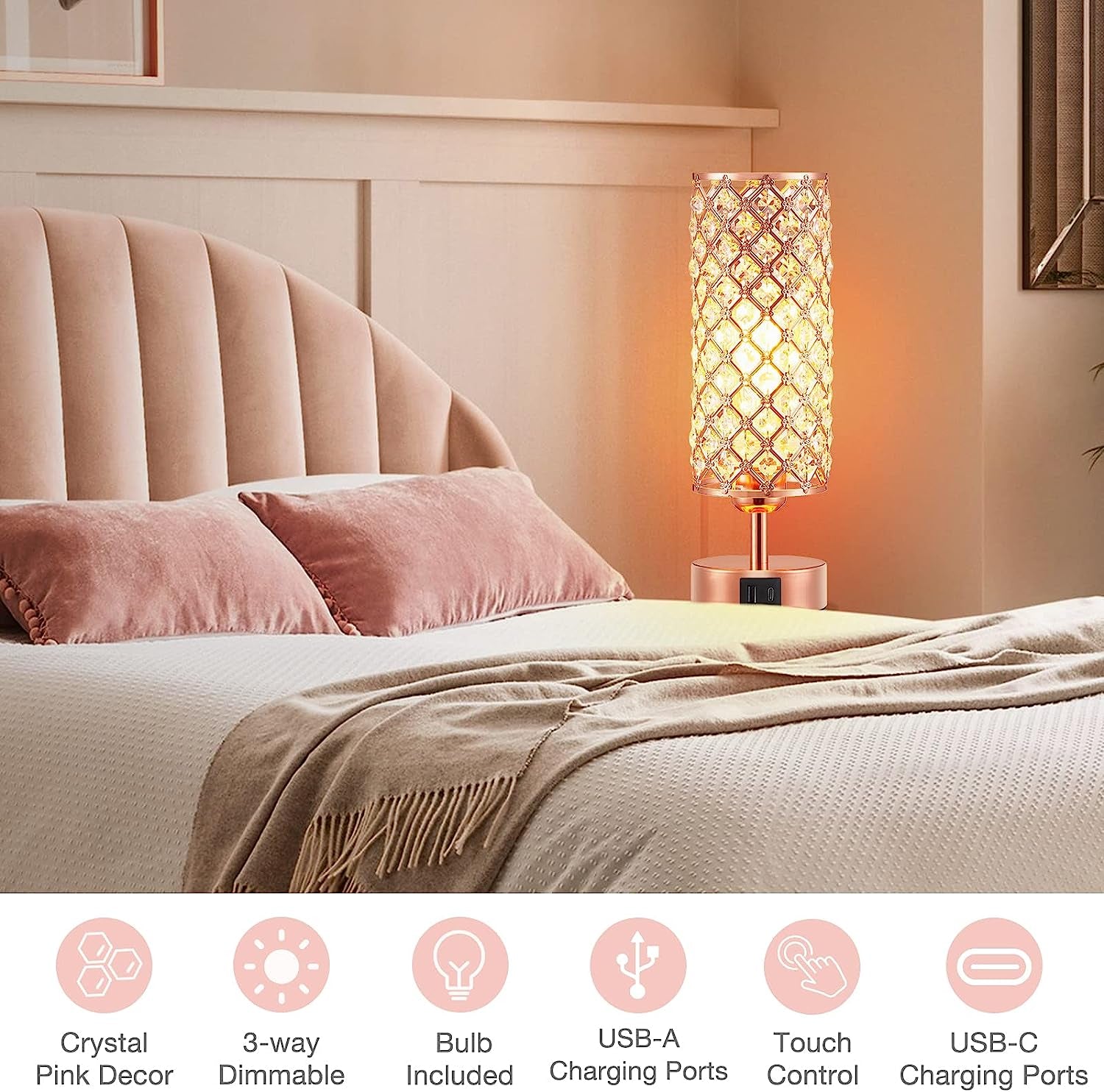 Crystal Table Lamp, Rose Gold Lamp with USB C+A Ports, 3 Way Dimmable Light with Crystal Lampshade, Bedside Lamp Small Touch Light for Living Room Bedroom Home, Charge Phone (Bulb Included)