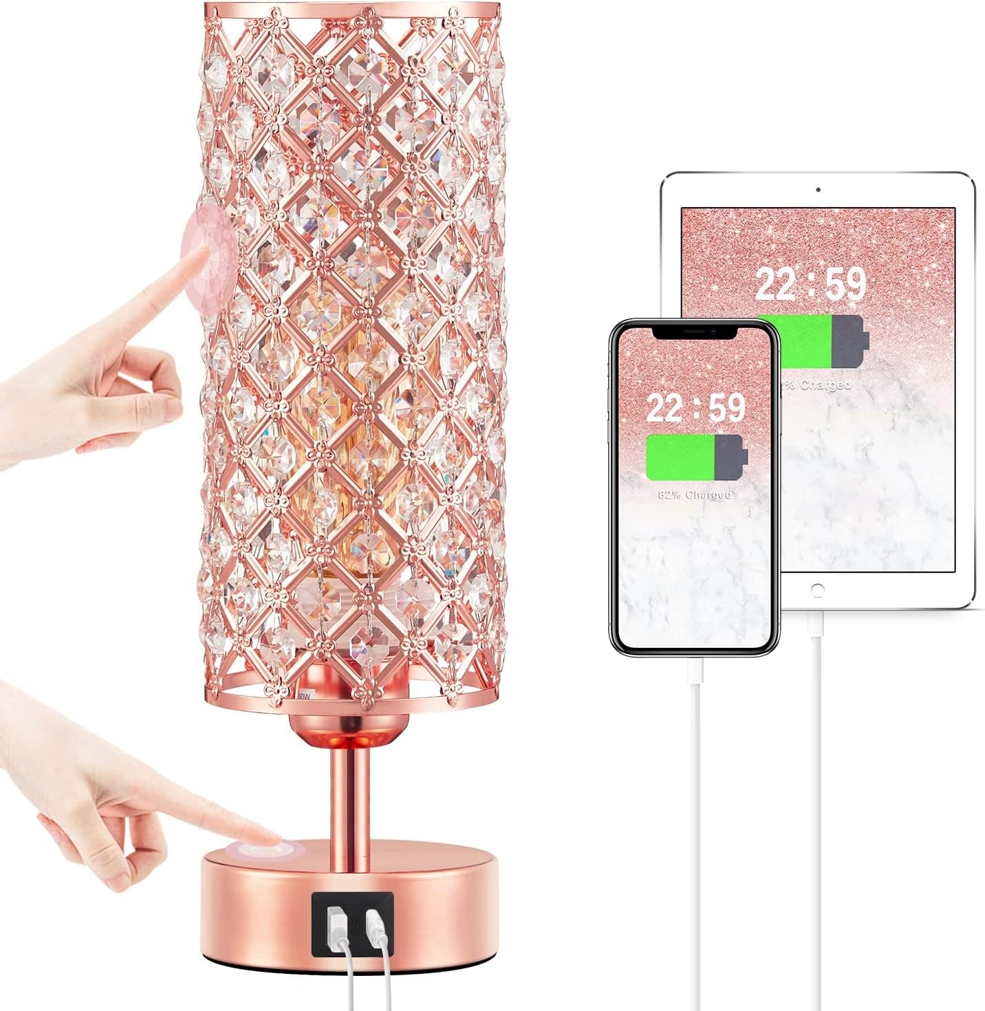 Crystal Table Lamp, Rose Gold Lamp with USB C+A Ports, 3 Way Dimmable Light with Crystal Lampshade, Bedside Lamp Small Touch Light for Living Room Bedroom Home, Charge Phone (Bulb Included)