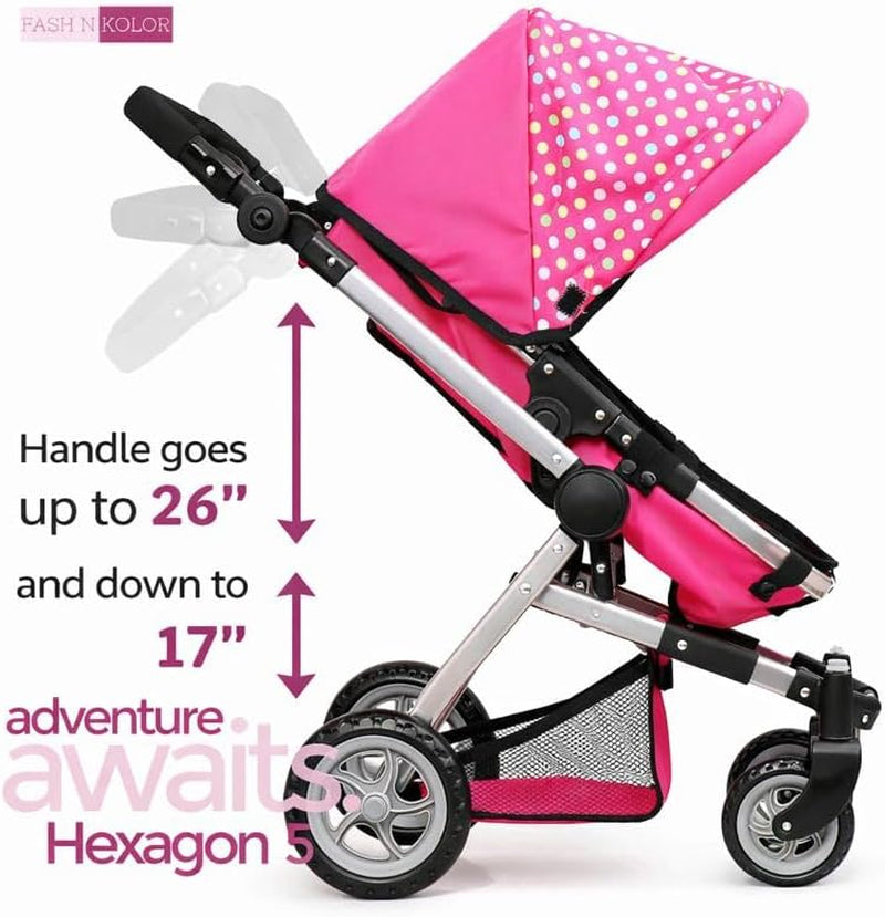 Foldable Pram for Baby Doll with Polka Dots Design with Swiveling Wheel Adjustable Handle